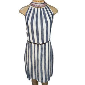 Embroidered high neck striped embellished viscose Dress medium
